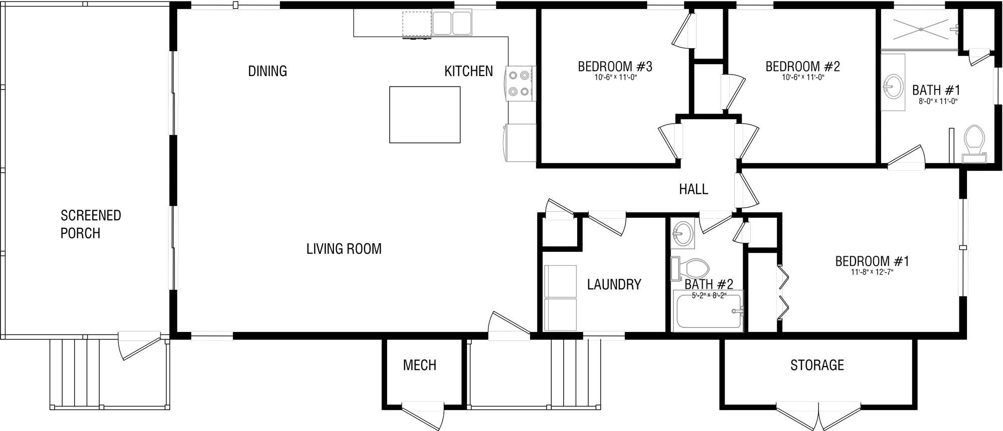Three bedroom, two bathroom floorplan with full-width, cathedral screened porch.